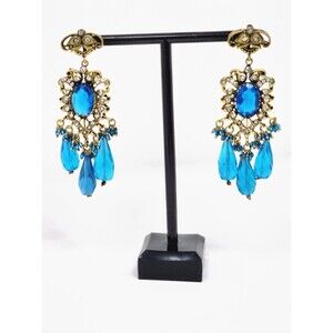 Vintage Brass Chandelier Blue Aqua Rhinestone Earrings Dangle Art Deco Drop